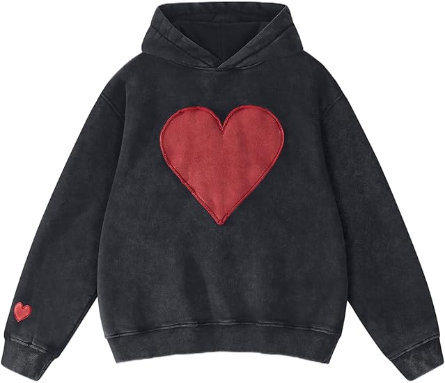 Womens Oversized Heart Patch Couples Hoodies Sweatshirts Heavyweight Vintage Fleece Hoodies for Women 2025